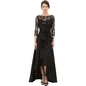 NWT Adrianna Papell Black Sequin‎ Lace Dress High Low Taffeta Gown Size 10